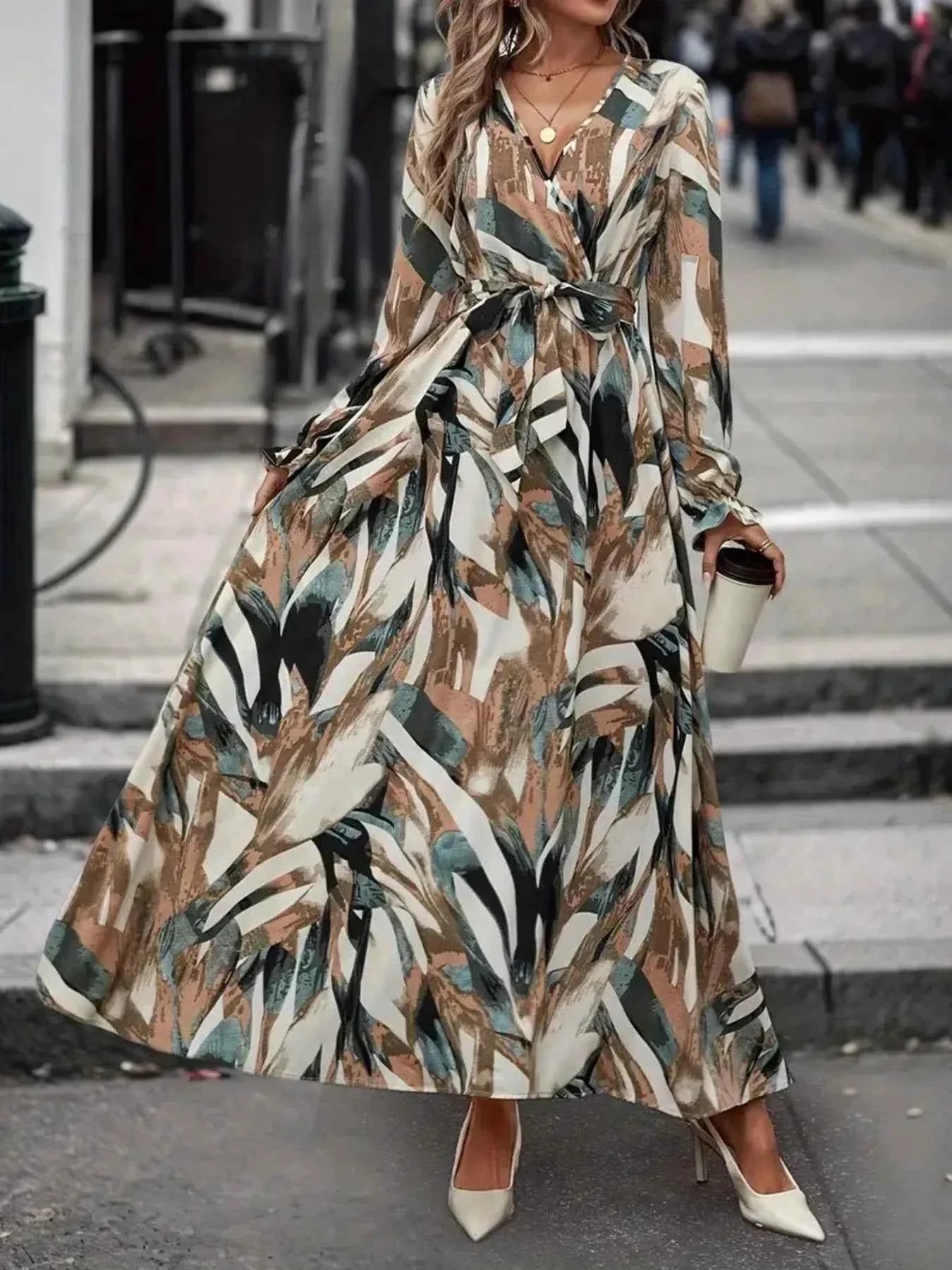 The Printed Surplice Flounce Sleeve Maxi Dress – Self-Tie Belt, Camel & Red, S–XL