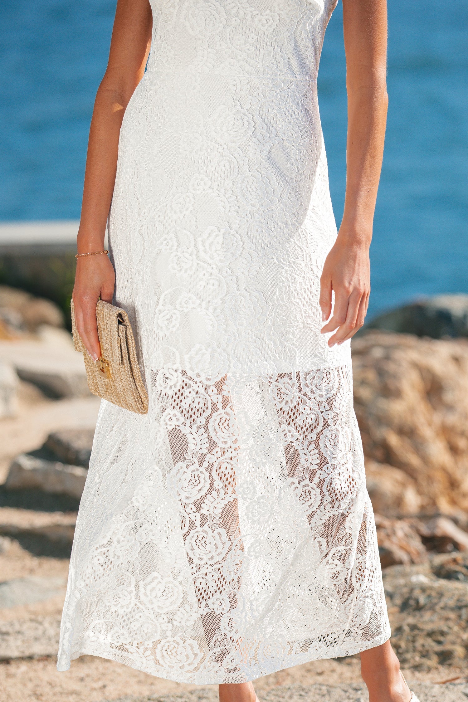 The Floral Lace Overlay Maxi Dress – Self-Tie Spaghetti Straps, White, Sizes S–XL