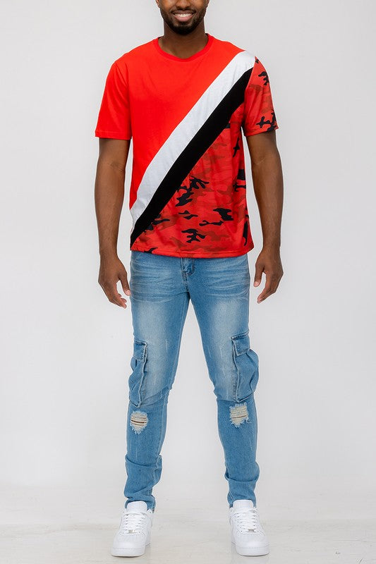 Men's Short Sleeve Camo Color Block T-Shirt RED
