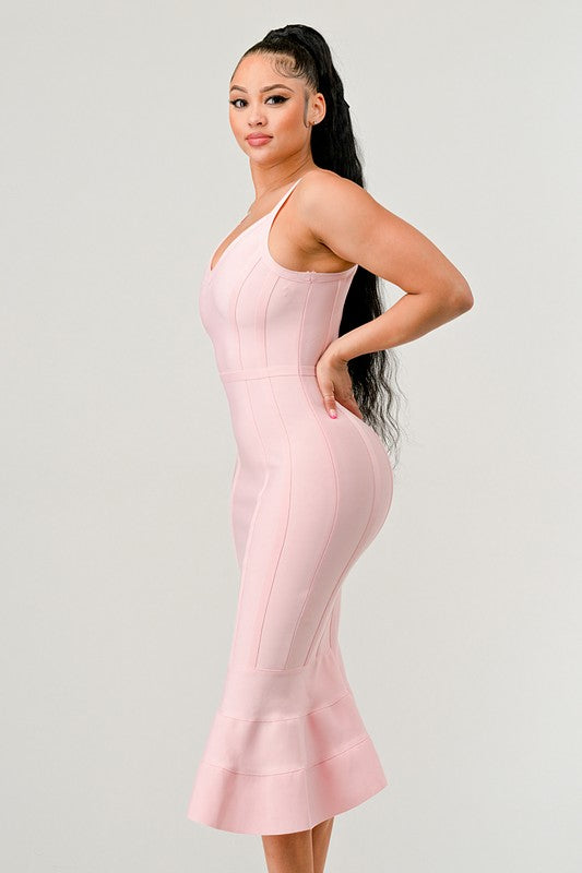 V-Neck Spaghetti Strap Mermaid Bodycon Midi Dress - Bandage Seam Detail