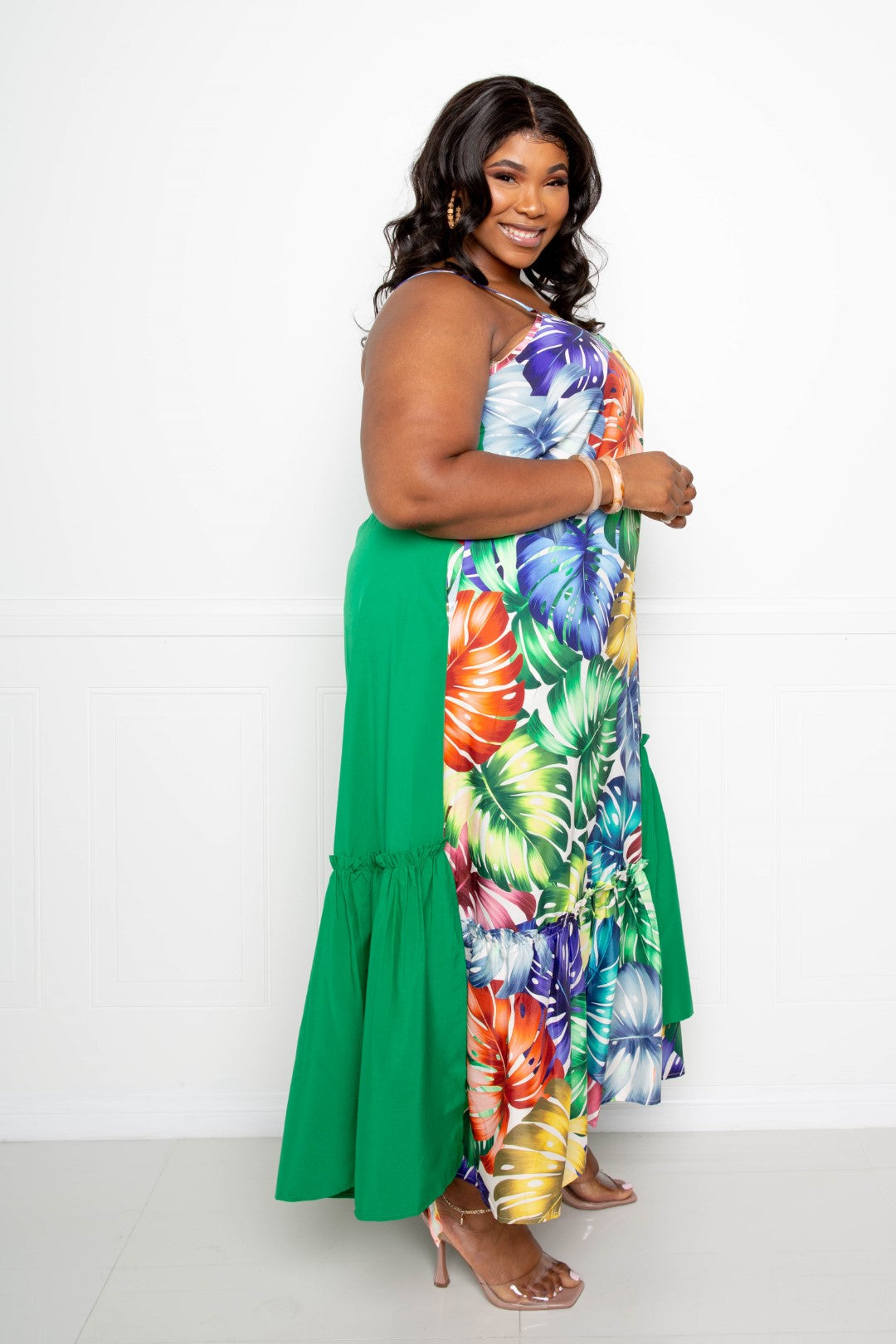Plus Size Tropical Marble Print Tiered Maxi Dress