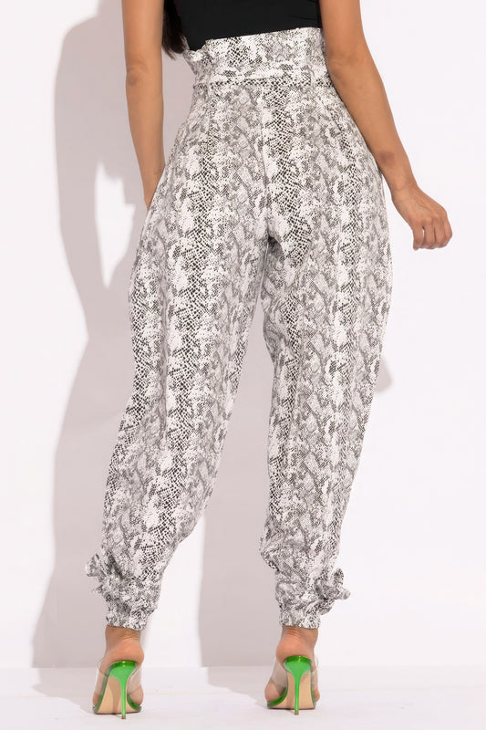 Grey Snake Skin Print Paper Bag Cargo Pants - High Waisted & Edgy
