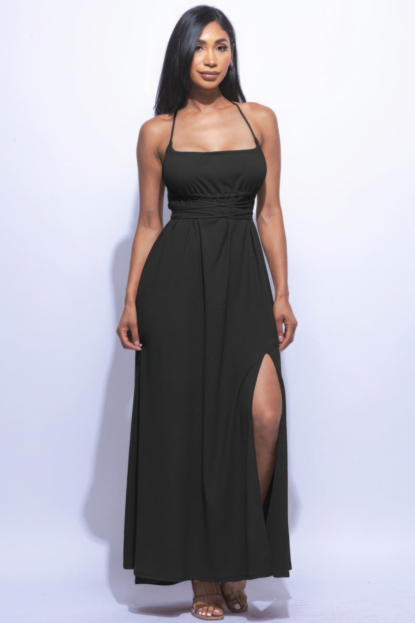 Black Side Slit Maxi Dress | Strappy Tie Back & Flare Silhouette L Black