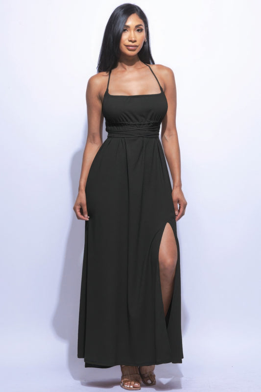 Black Side Slit Maxi Dress | Strappy Tie Back & Flare Silhouette L Black