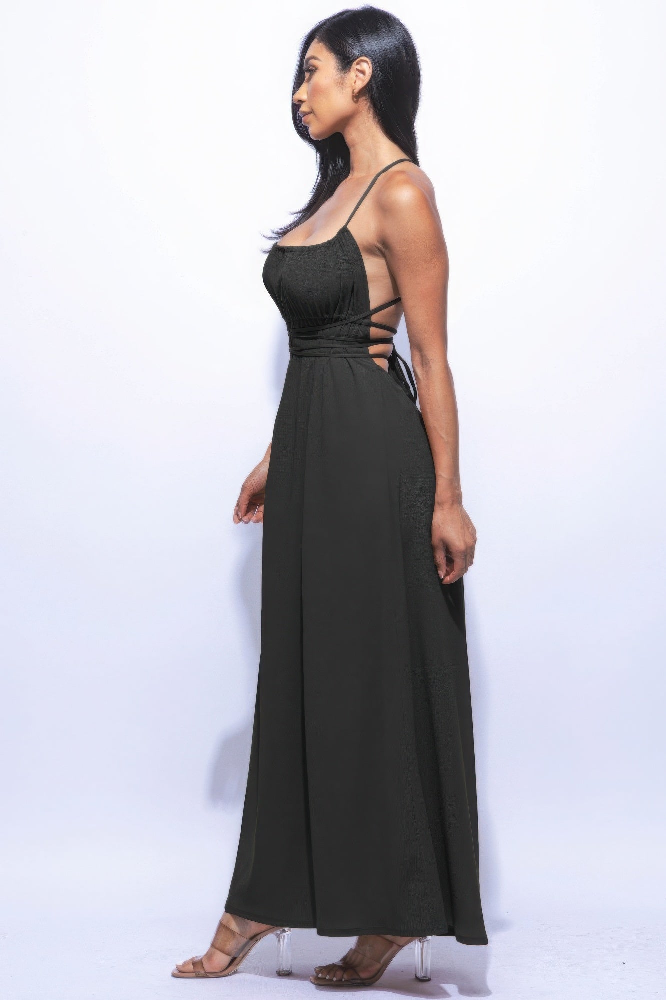 Black Side Slit Maxi Dress | Strappy Tie Back & Flare Silhouette