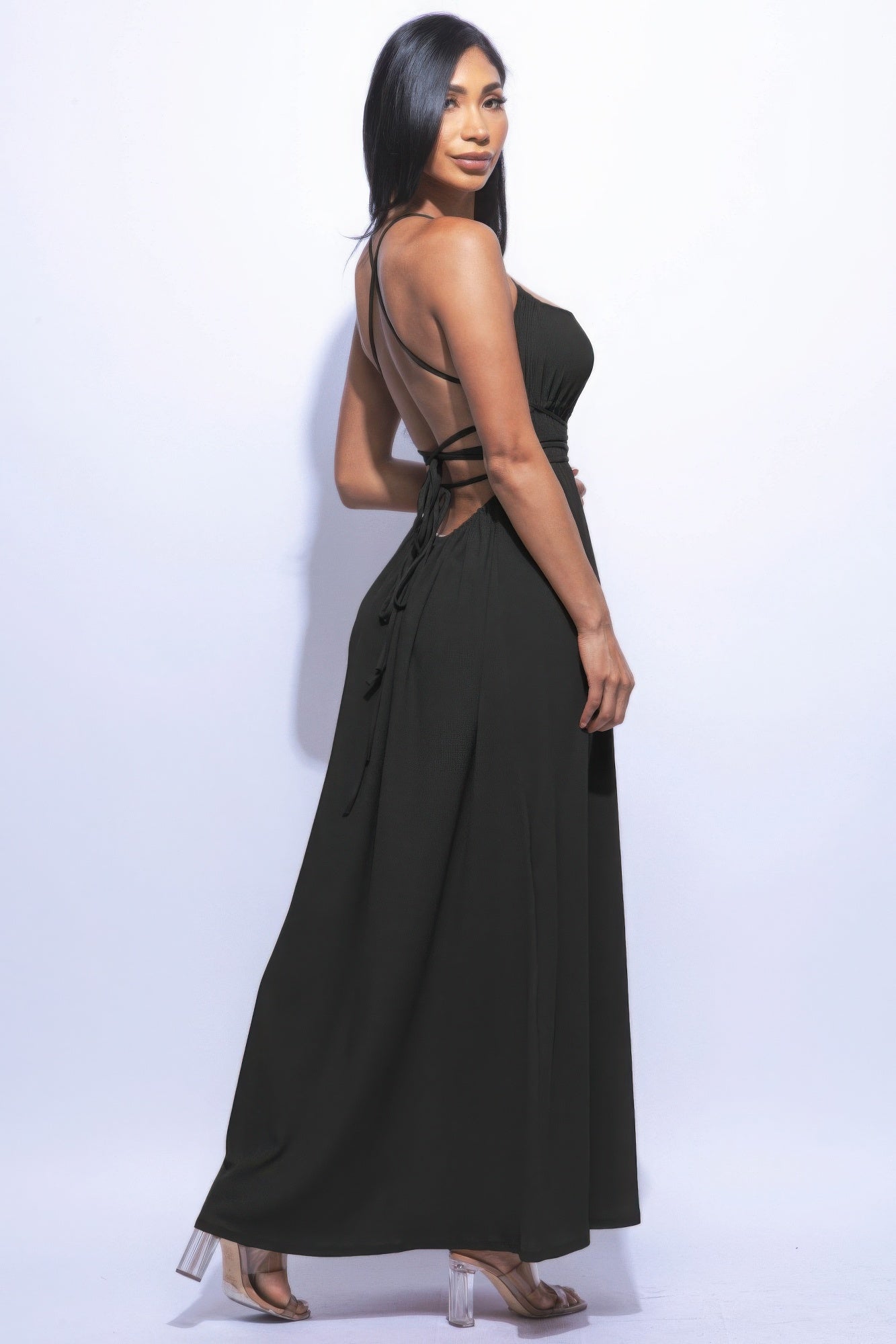 Black Side Slit Maxi Dress | Strappy Tie Back & Flare Silhouette