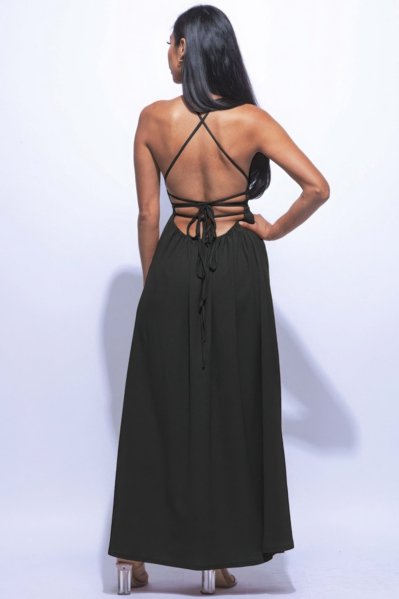 Black Side Slit Maxi Dress | Strappy Tie Back & Flare Silhouette