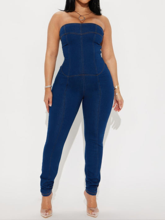 Strapless Denim Jumpsuit – Lace-Up Back Skinny Leg Indigo Jumpsuit L