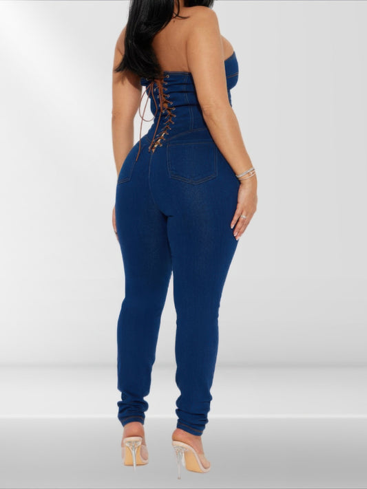 Strapless Denim Jumpsuit – Lace-Up Back Skinny Leg Indigo Jumpsuit