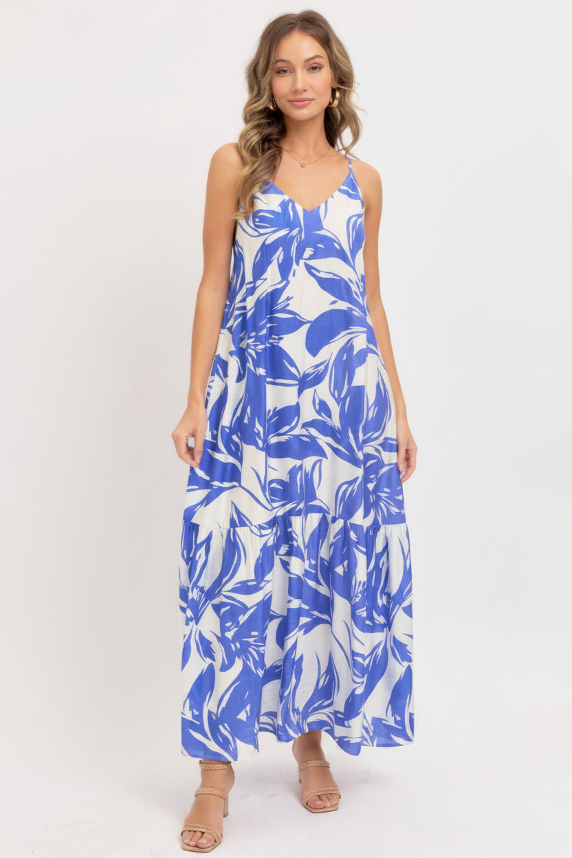 Strapless Floral Maxi Dress – Scoop-Back Tie Detail Flowy Dress