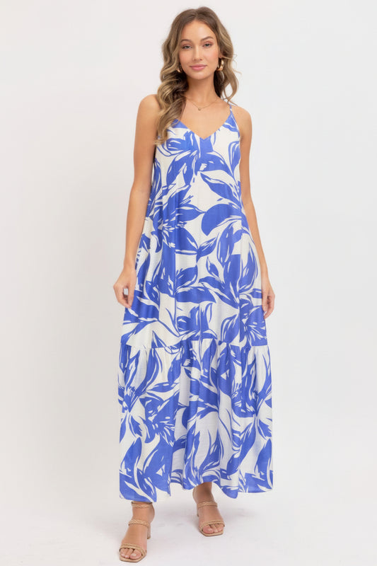 Strapless Floral Maxi Dress – Scoop-Back Tie Detail Flowy Dress