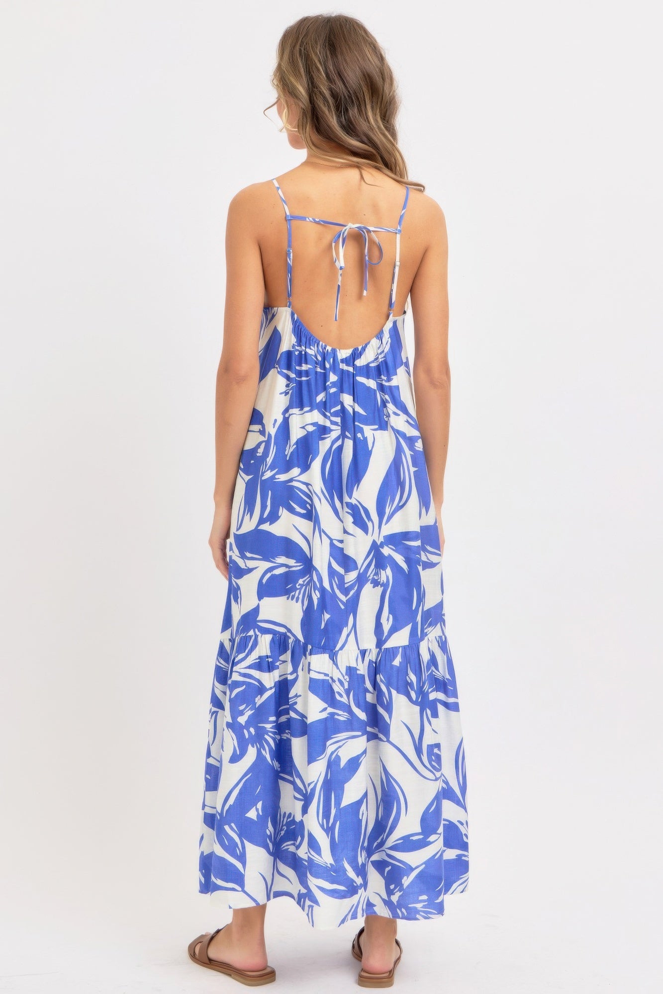 Strapless Floral Maxi Dress – Scoop-Back Tie Detail Flowy Dress