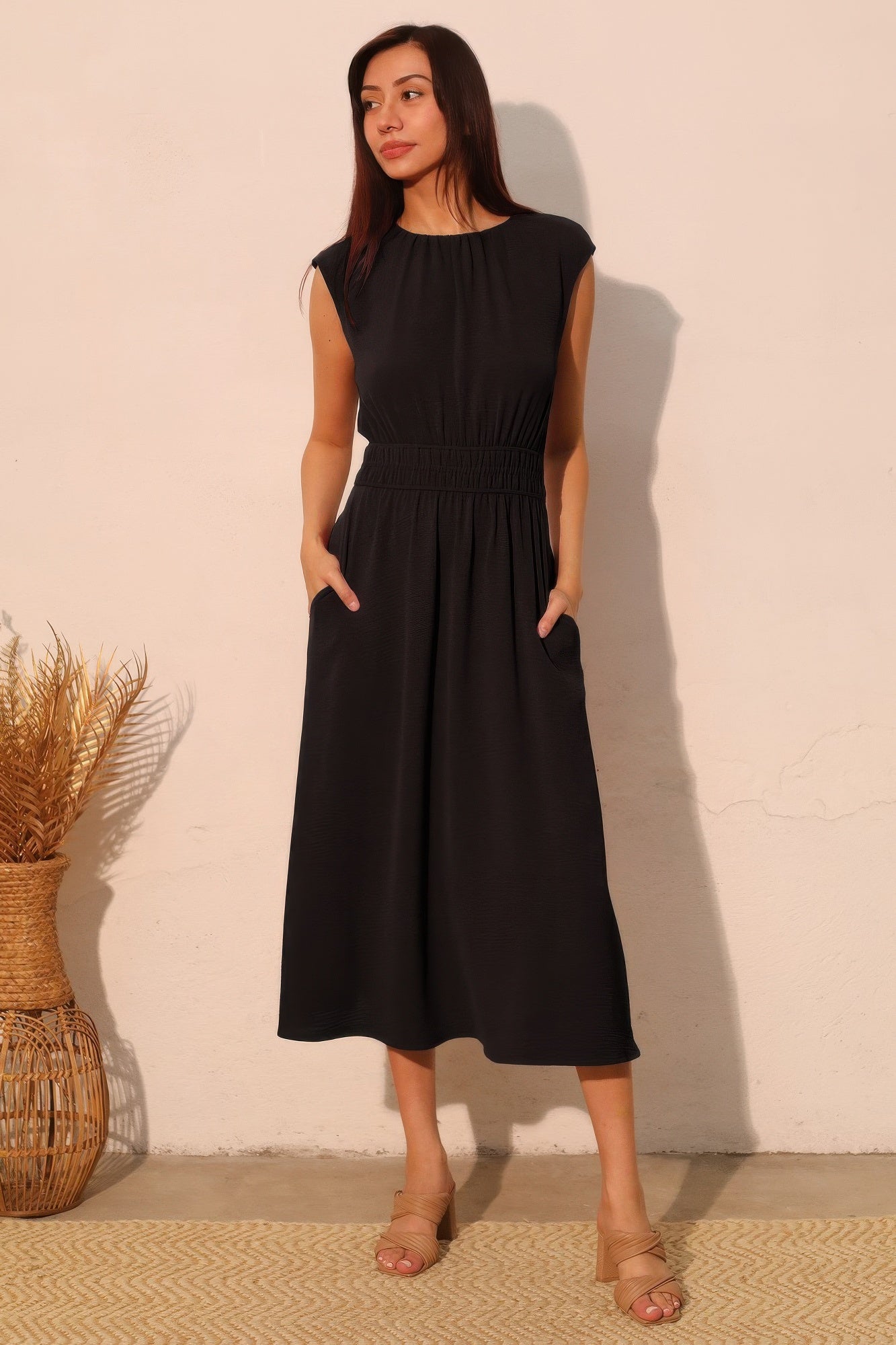 Matte Crepe Ruched Elastic Midi Dress – Pocketed Waist-Defining Dress | Made in USA L