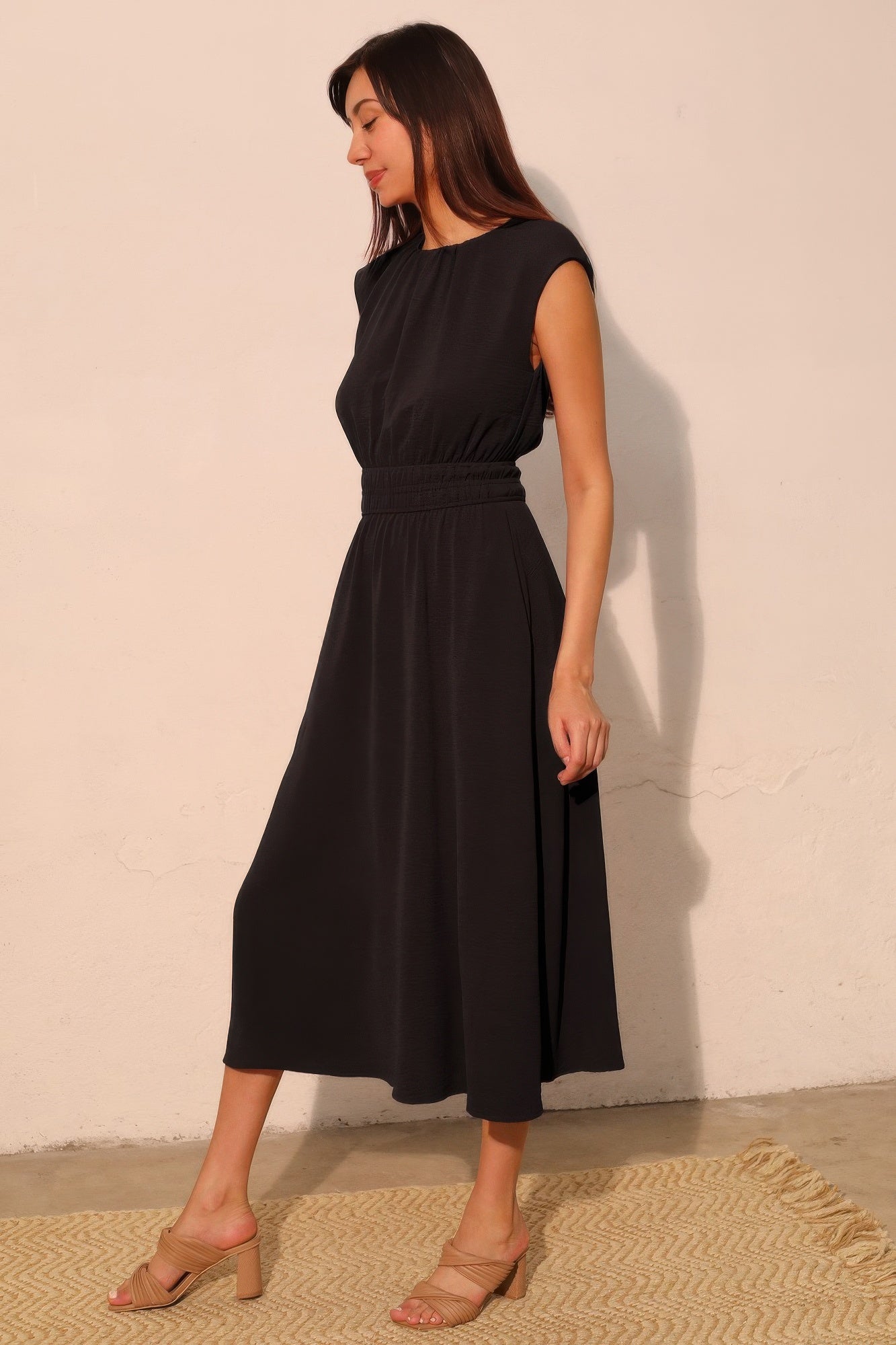 Matte Crepe Ruched Elastic Midi Dress – Pocketed Waist-Defining Dress | Made in USA