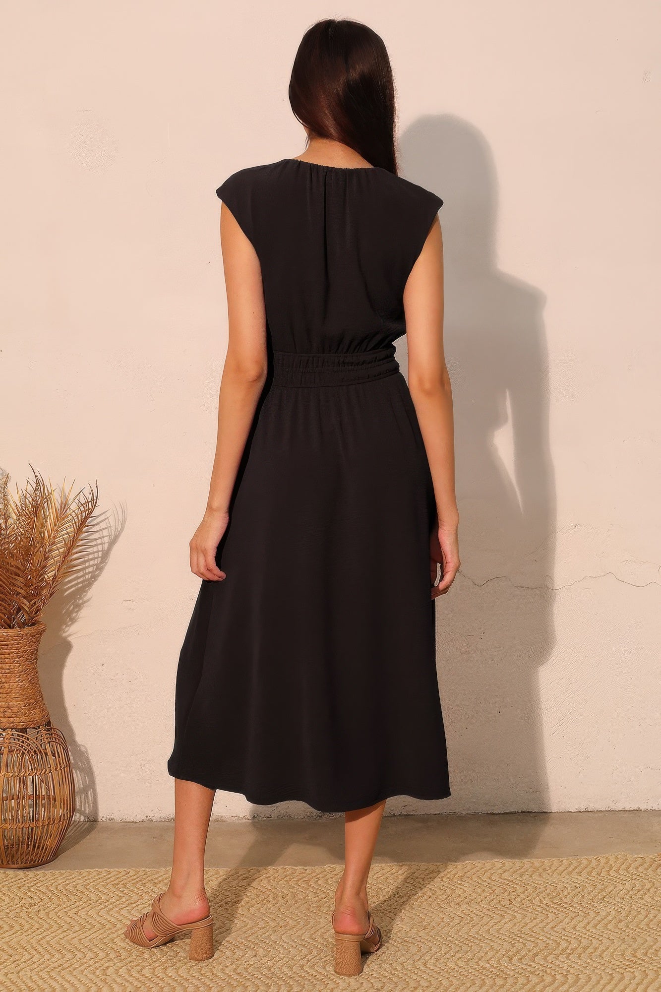 Matte Crepe Ruched Elastic Midi Dress – Pocketed Waist-Defining Dress | Made in USA