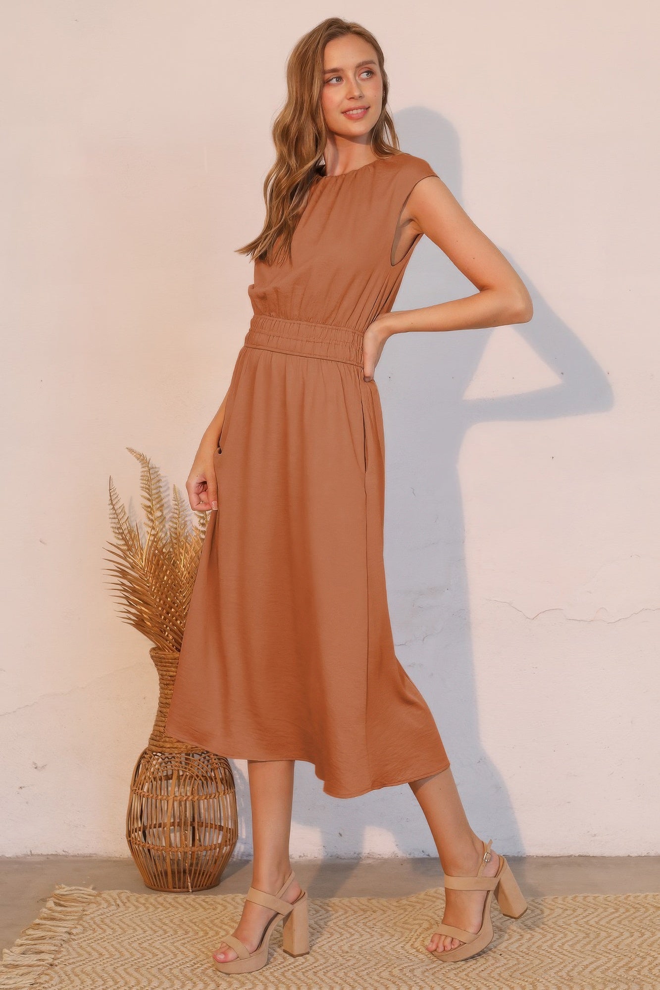The Matte Crepe Ruched Midi Dress – Elastic Waist, Pockets, Made in USA