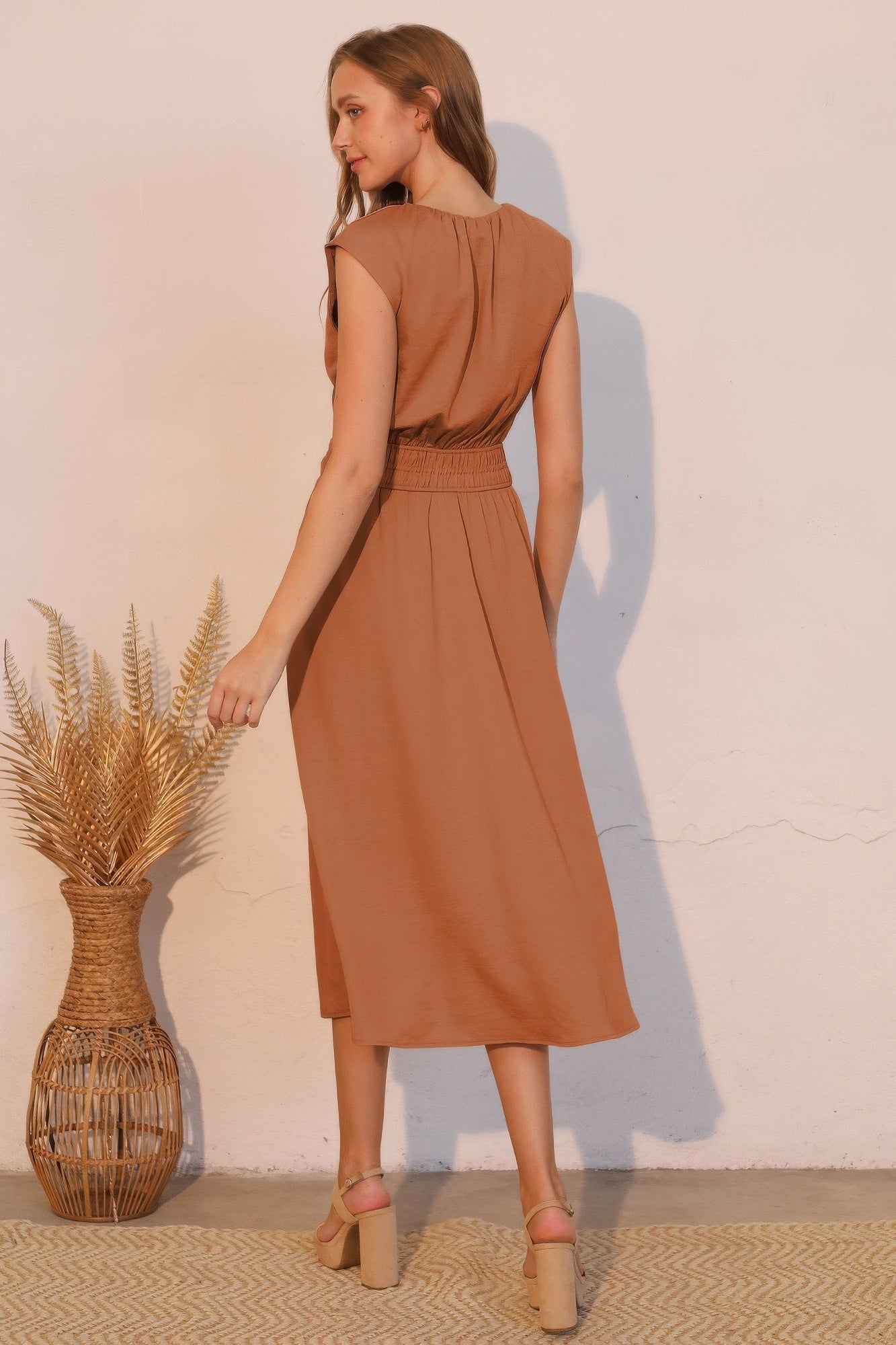 The Matte Crepe Ruched Midi Dress – Elastic Waist, Pockets, Made in USA