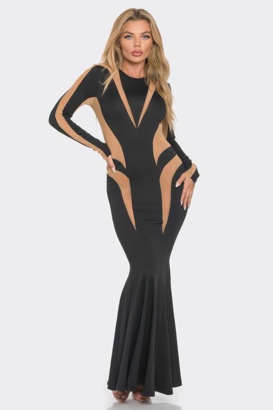The Mesh Cut-Out Metallic Maxi Dress – Long Sleeve Sheer Panel Flared Gown S