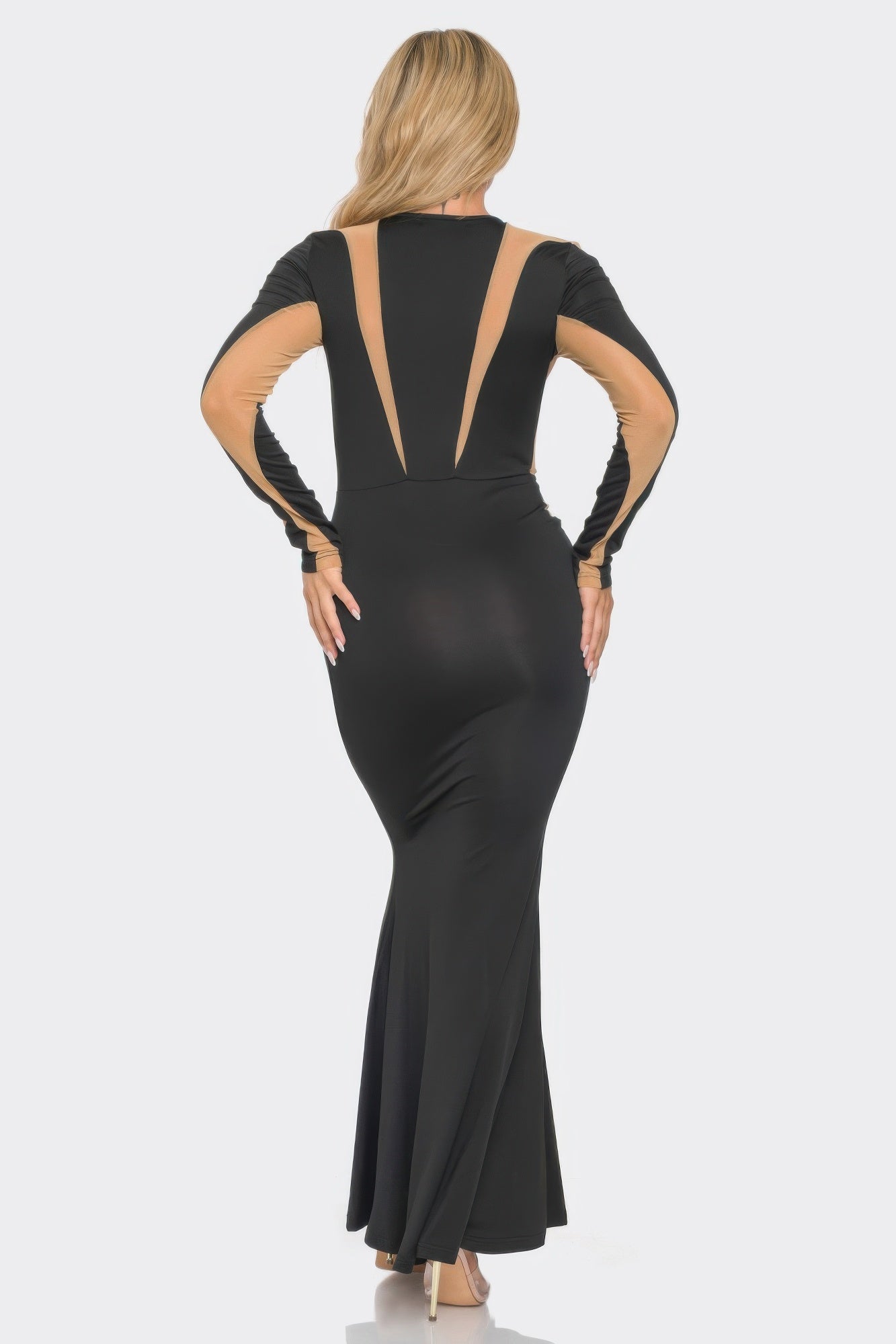 The Mesh Cut-Out Metallic Maxi Dress – Long Sleeve Sheer Panel Flared Gown L