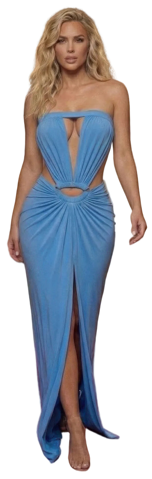 Women's Plunging Neckline Cutout Maxi Dress | Metal Ring Detail – Blue L