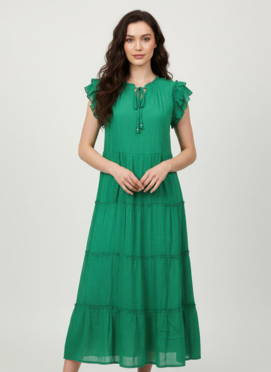 The Mlle Gabrielle – Ruffled Cap Sleeve Tassel Dress with Ruffle Hem Green