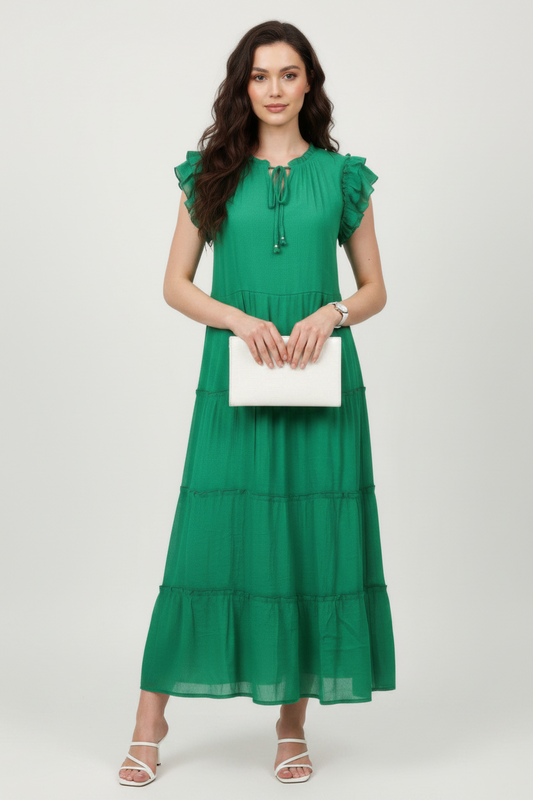The Mlle Gabrielle – Ruffled Cap Sleeve Tassel Dress with Ruffle Hem