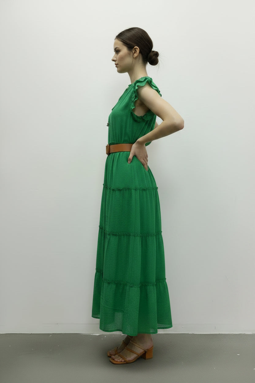 The Mlle Gabrielle – Ruffled Cap Sleeve Tassel Dress with Ruffle Hem M Green