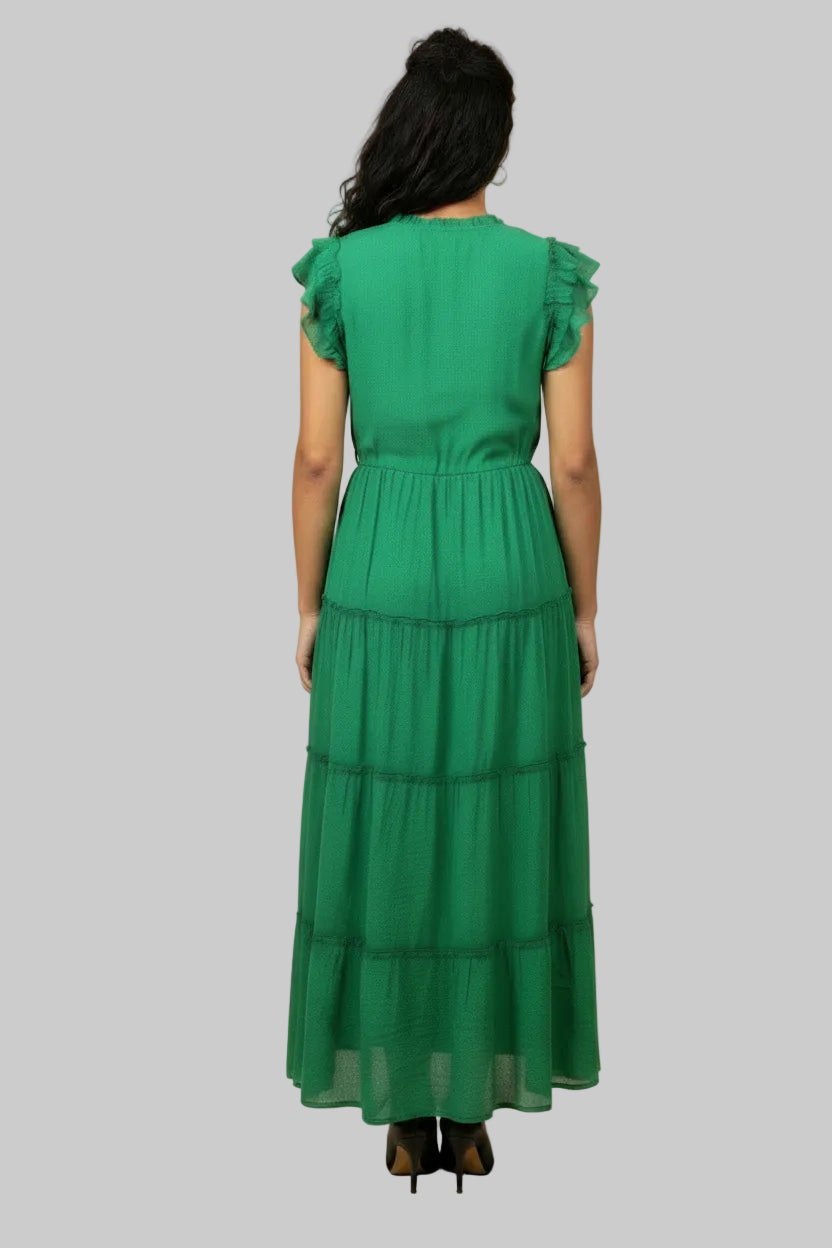 The Mlle Gabrielle – Ruffled Cap Sleeve Tassel Dress with Ruffle Hem XL Green