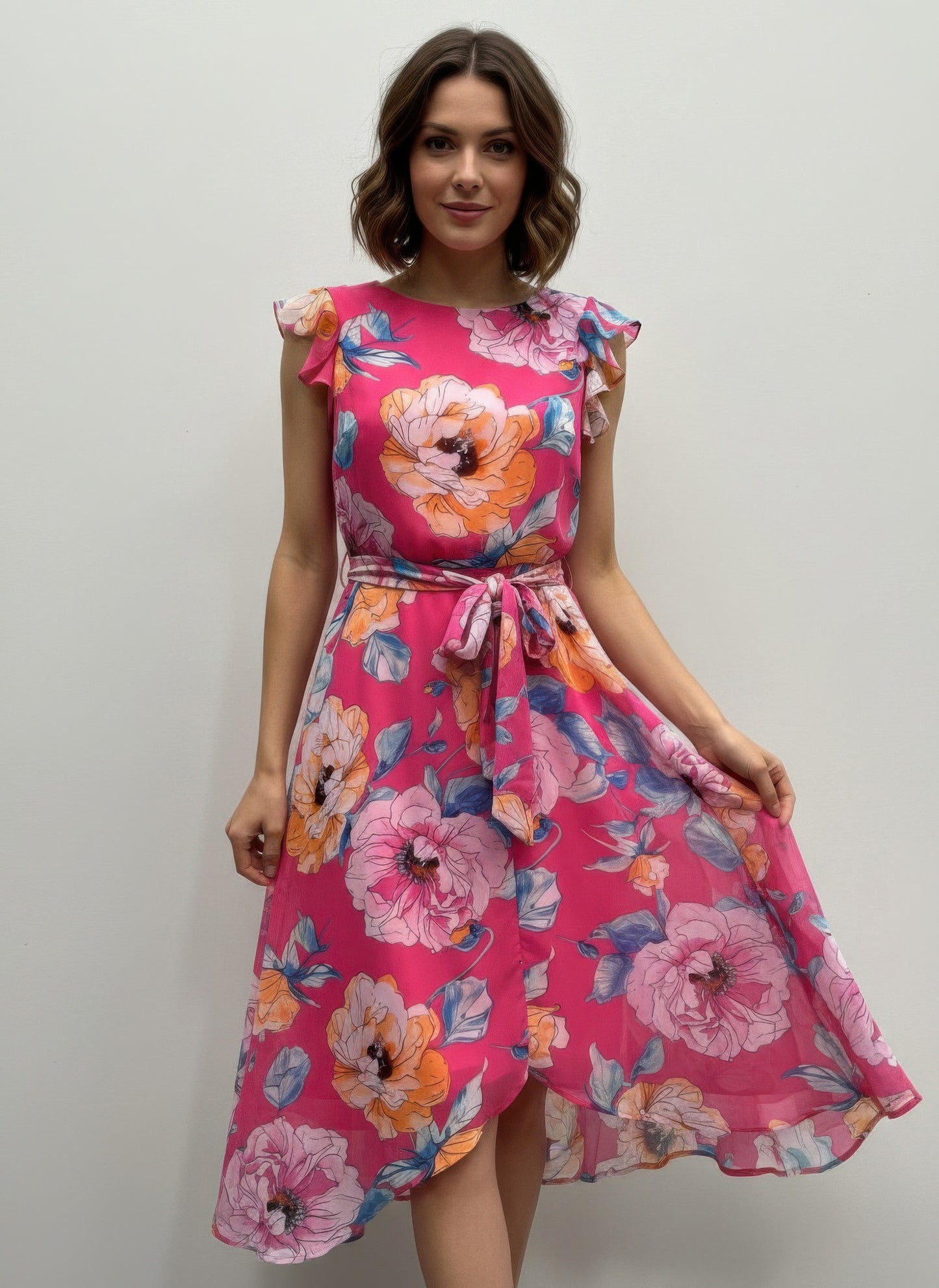Shelby & Palmer Floral Ruffled Sleeve Midi Dress | Fuchsia