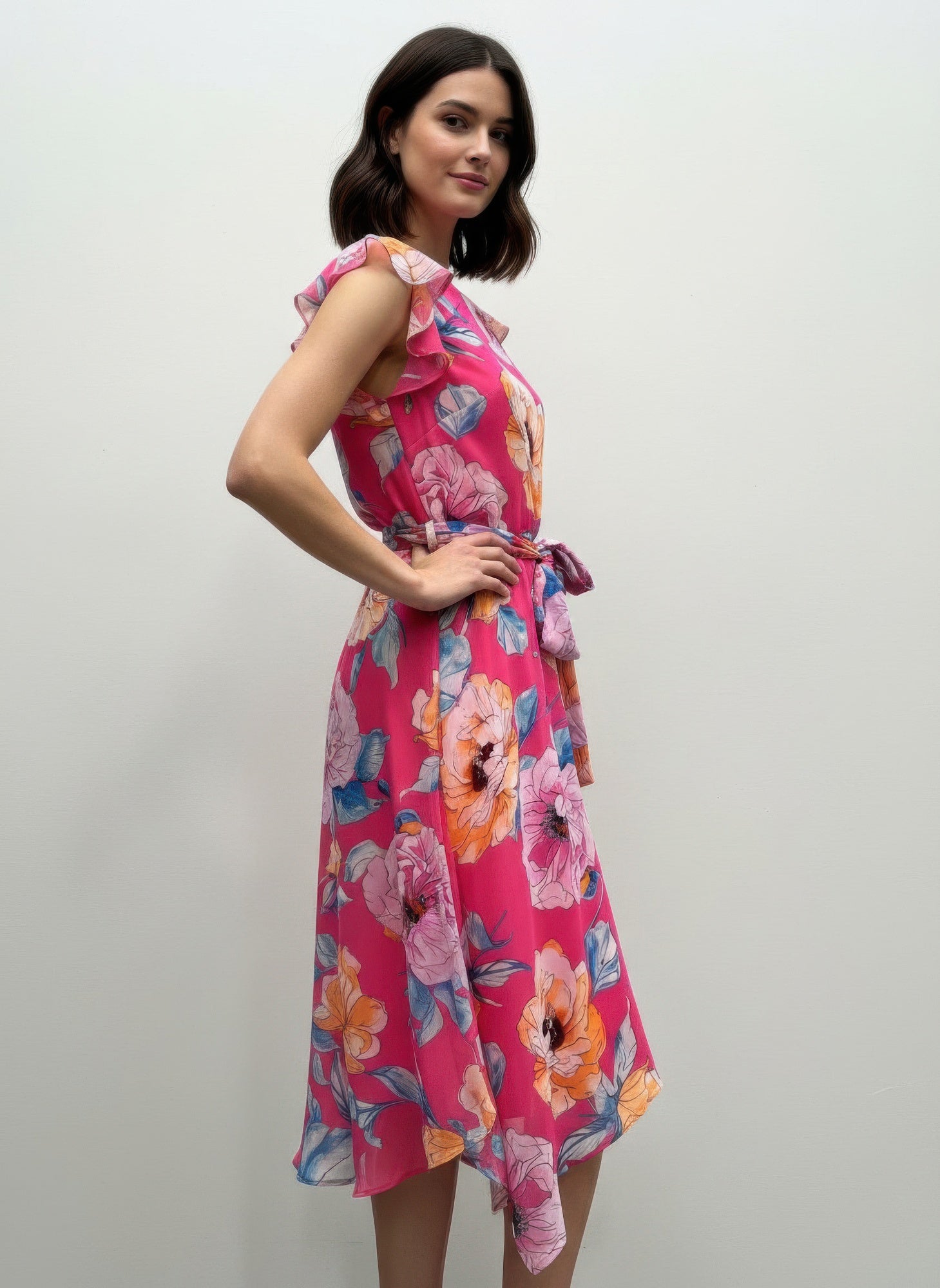 Shelby & Palmer Floral Ruffled Sleeve Midi Dress | Fuchsia