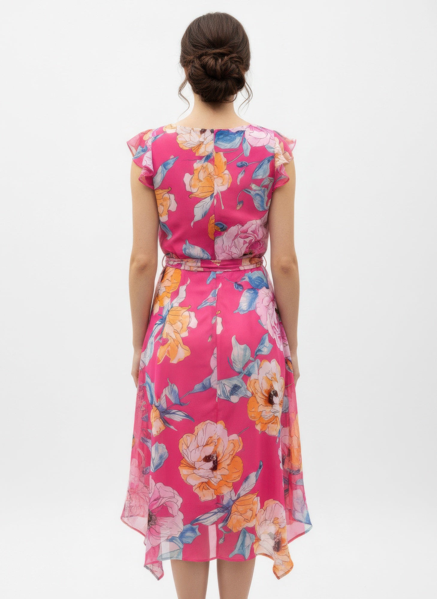Shelby & Palmer Floral Ruffled Sleeve Midi Dress | Fuchsia
