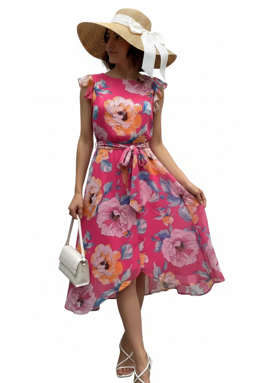 Shelby & Palmer Floral Ruffled Sleeve Midi Dress | Fuchsia