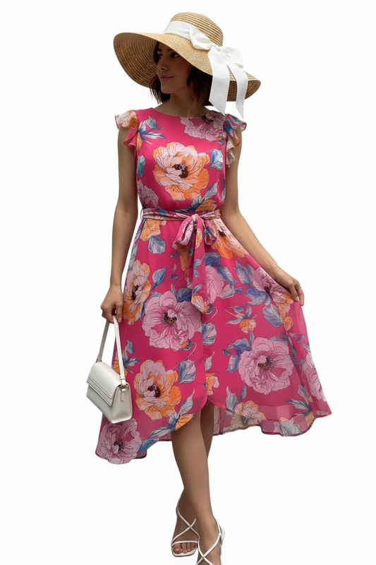 Shelby & Palmer Floral Ruffled Sleeve Midi Dress | Fuchsia