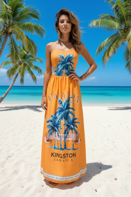 The Kingston Palms – Tropical Palm Print Spaghetti Strap Maxi Dress L