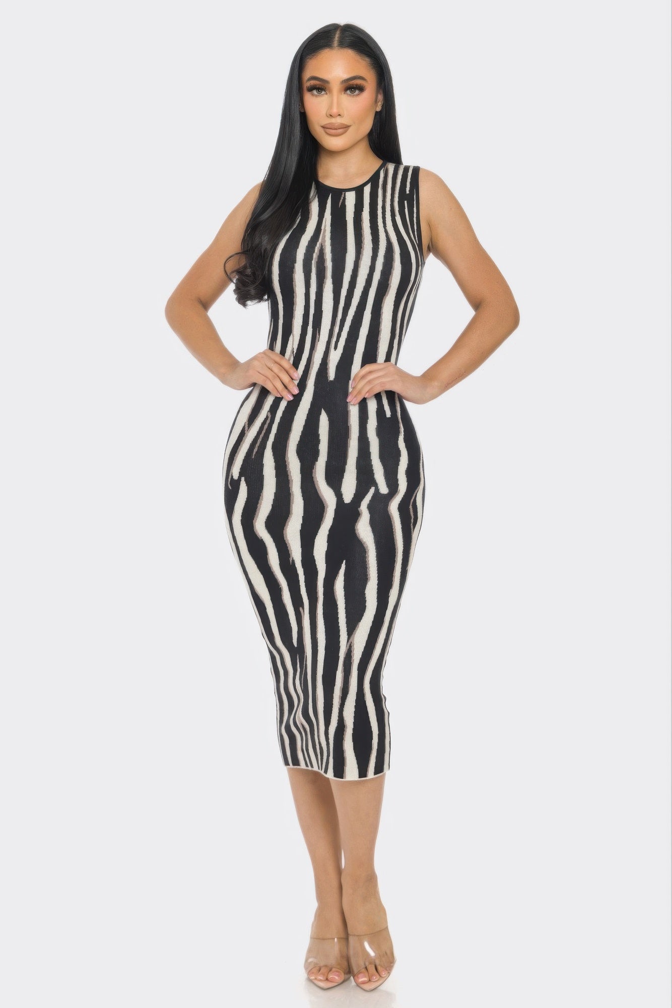 Zebra Print Sleeveless Sweater Midi Dress – Chic Knit Bodycon Sheath L