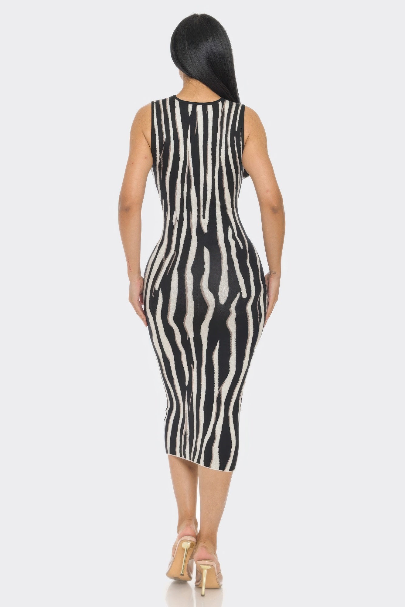 Zebra Print Sleeveless Sweater Midi Dress – Chic Knit Bodycon Sheath