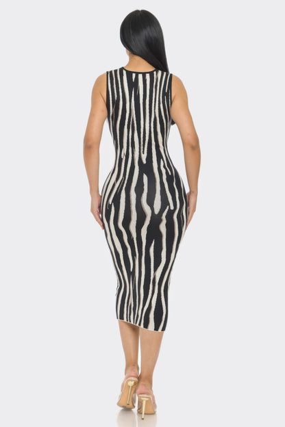 Zebra Print Sleeveless Sweater Midi Dress – Chic Knit Bodycon Sheath
