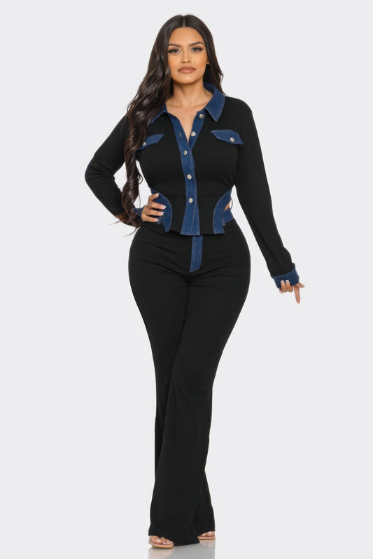 Two-Piece Denim Contrast Ribbed Set with Side Cut-Outs - Made in USA L