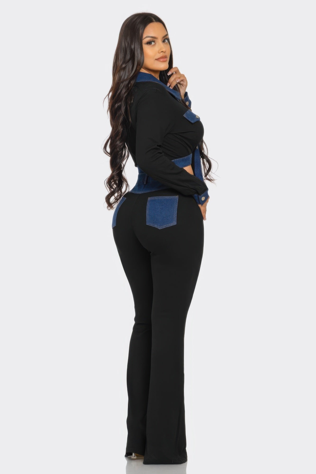 Two-Piece Denim Contrast Ribbed Set with Side Cut-Outs - Made in USA