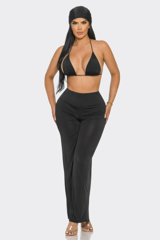 3-Piece High-Waisted Wide-Leg Pant Set with Bra Top & Matching Bandana - Black L