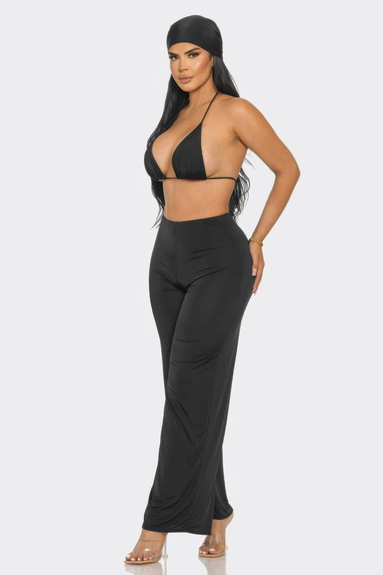 3-Piece High-Waisted Wide-Leg Pant Set with Bra Top & Matching Bandana - Black