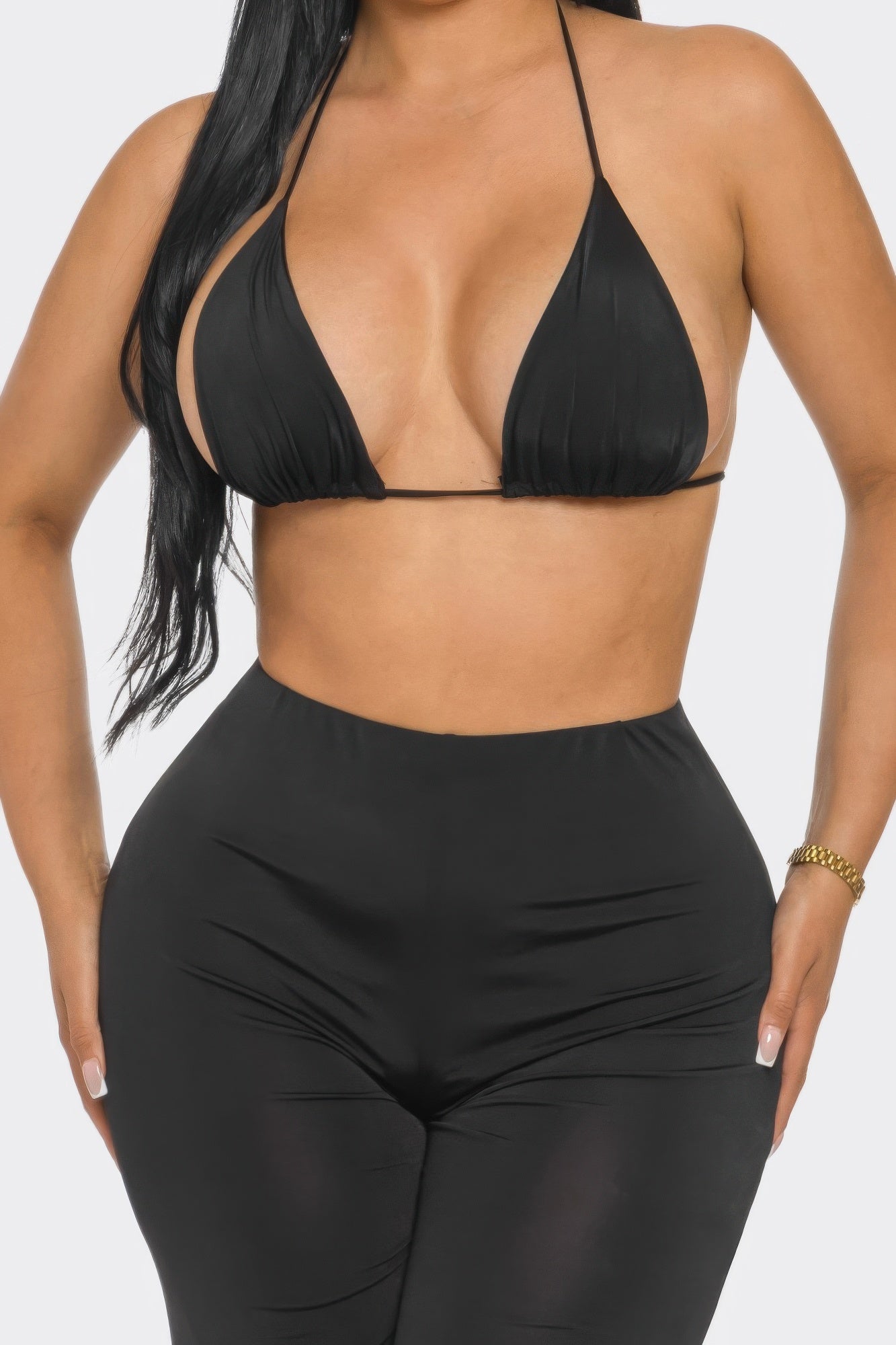 3-Piece High-Waisted Wide-Leg Pant Set with Bra Top & Matching Bandana - Black