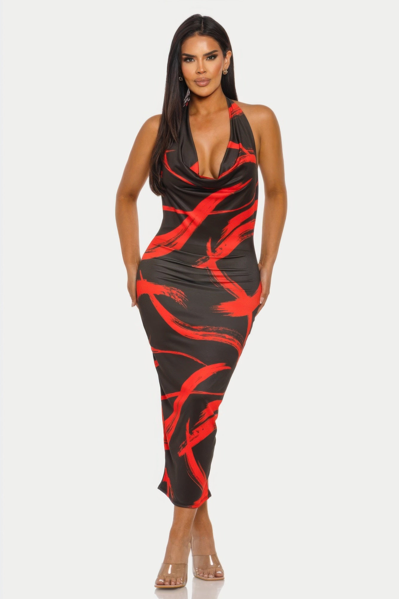 Fierce Stroke Brushstroke Halter Midi Dress | Cowl Neck & Open Back L