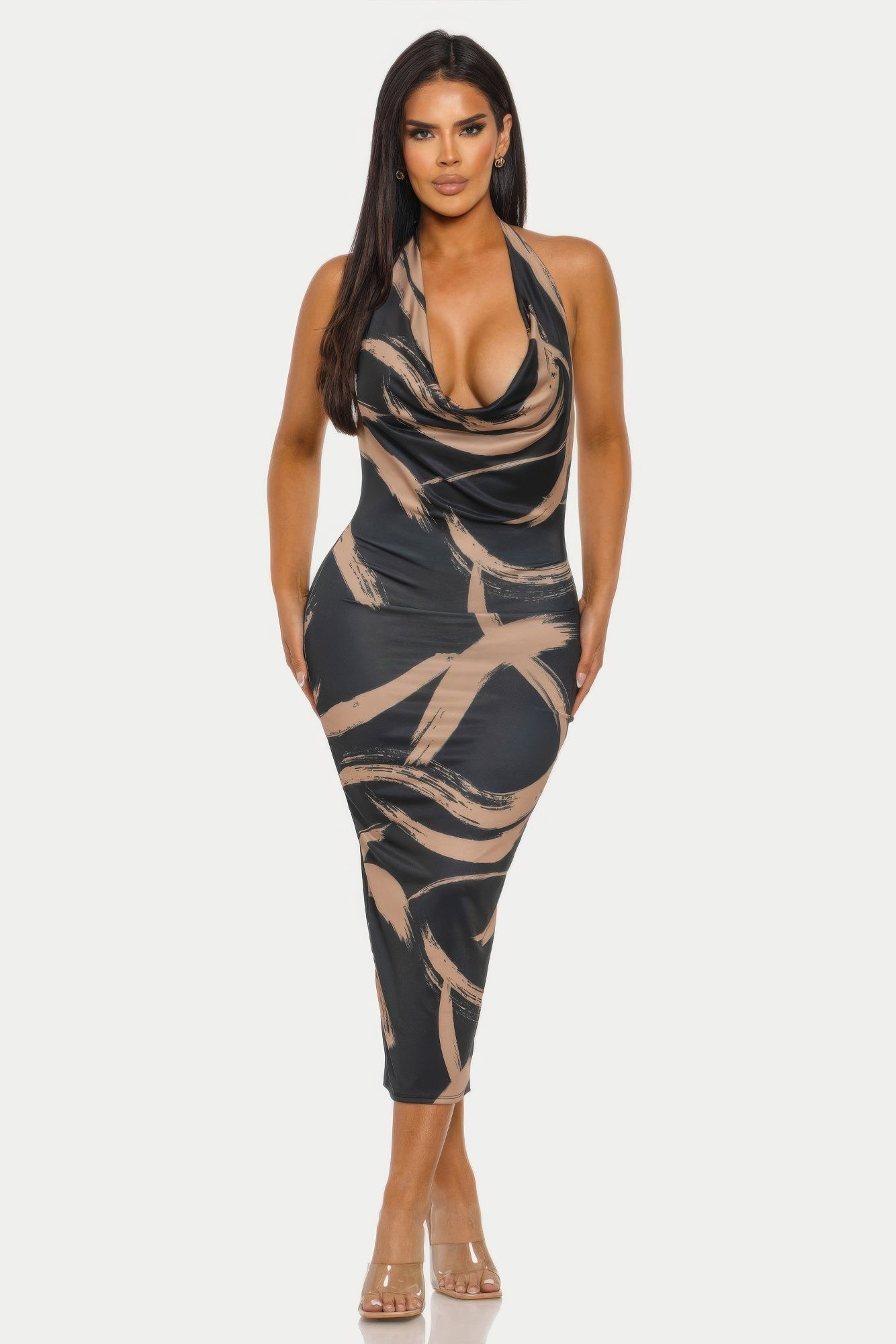 Fierce Stroke Brushstroke Halter Midi Dress – Black & Mocha | Cowl Neck & Open Back L