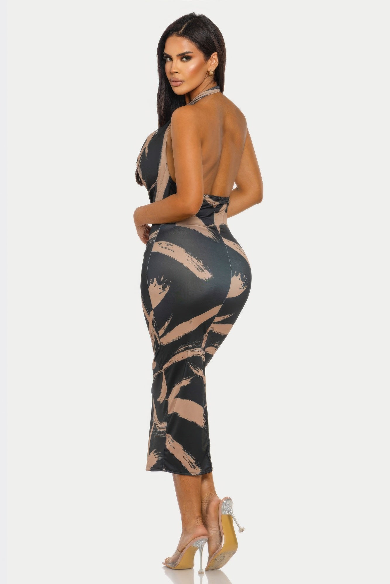 Fierce Stroke Brushstroke Halter Midi Dress – Black & Mocha | Cowl Neck & Open Back