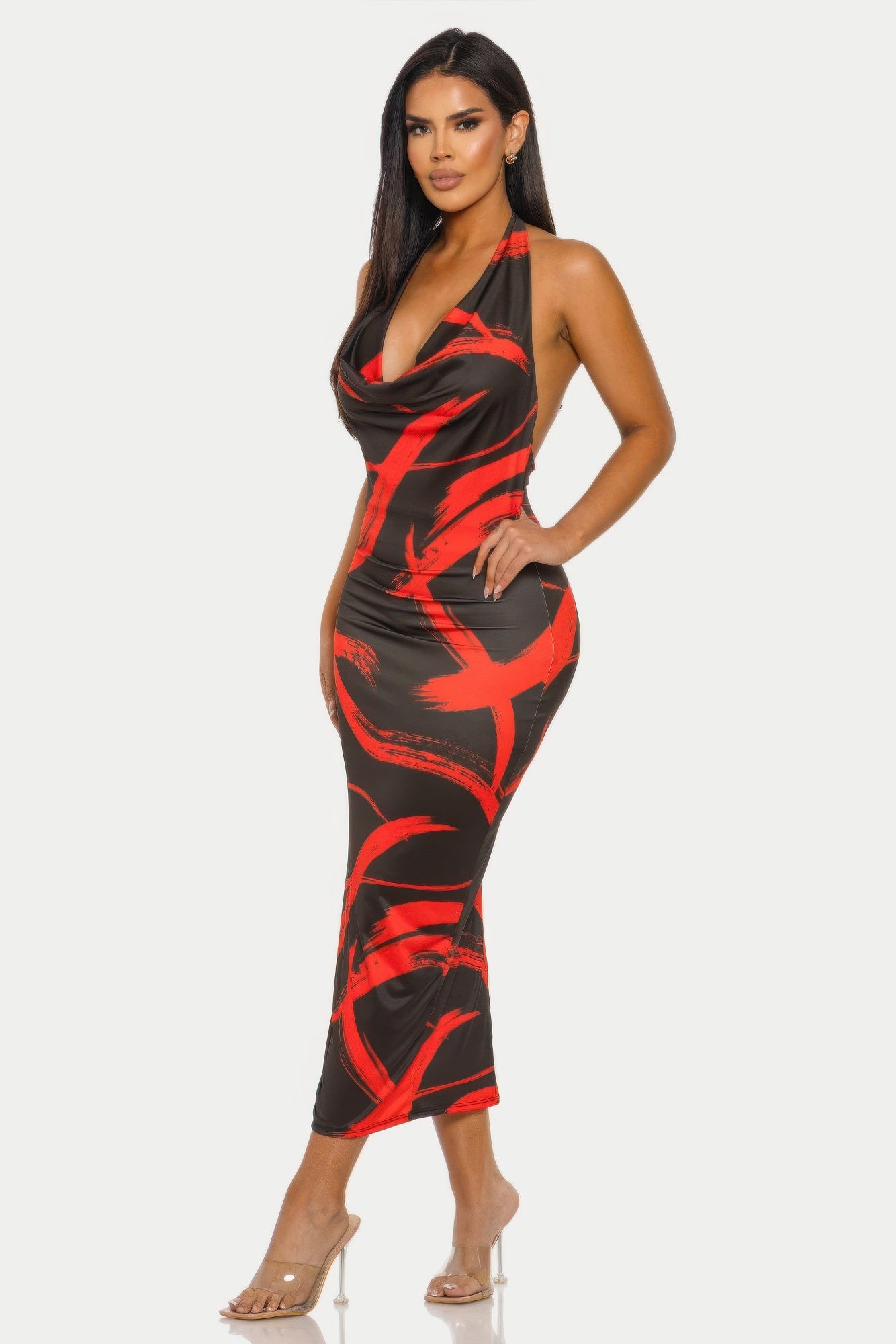 Fierce Stroke Brushstroke Halter Midi Dress | Cowl Neck & Open Back