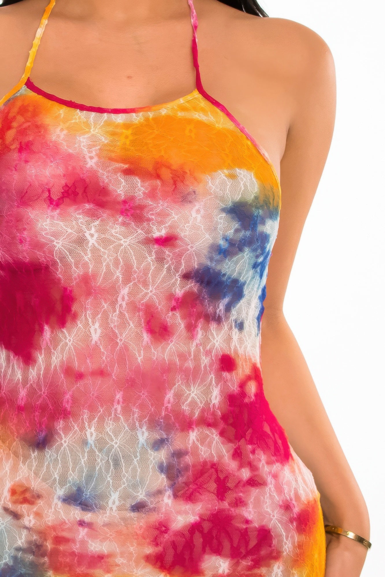 Multi-Color Tie-Dye Lace Mini Cover-Up Dress