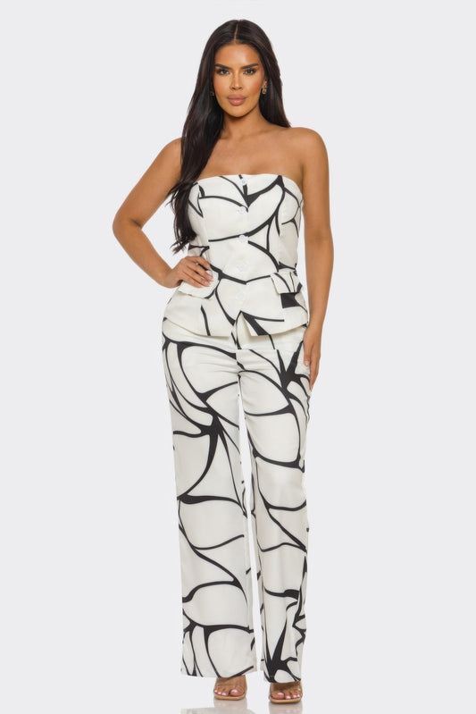Abstract Motion Two-Piece Set – Strapless Peplum Top & Wide-Leg Trousers L