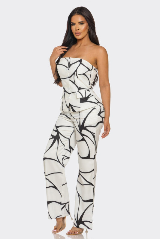 Abstract Motion Two-Piece Set – Strapless Peplum Top & Wide-Leg Trousers
