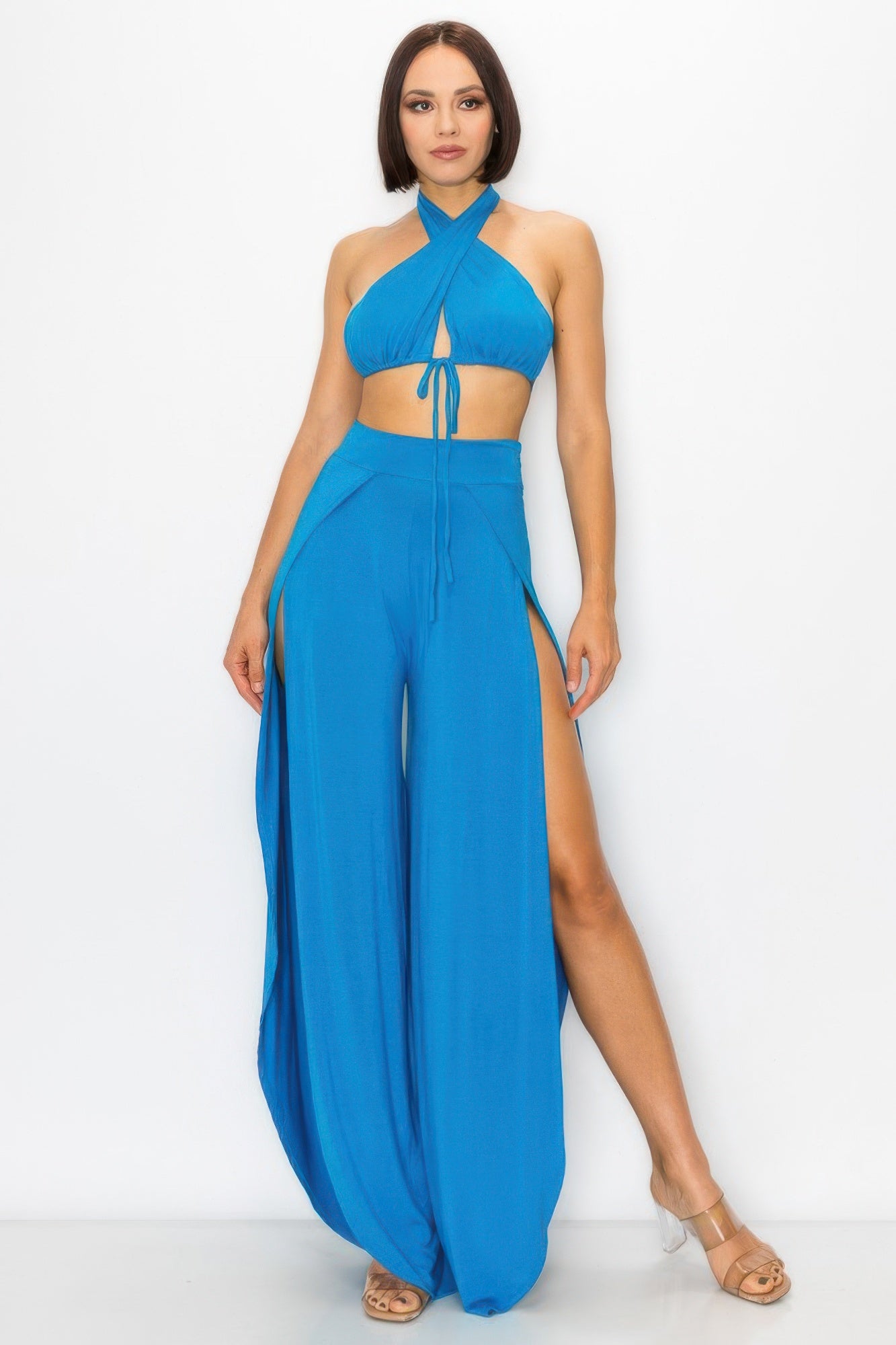 Cerulean Blue Halter Crop Top & High-Slit Wide Leg Pant Two-Piece Set L